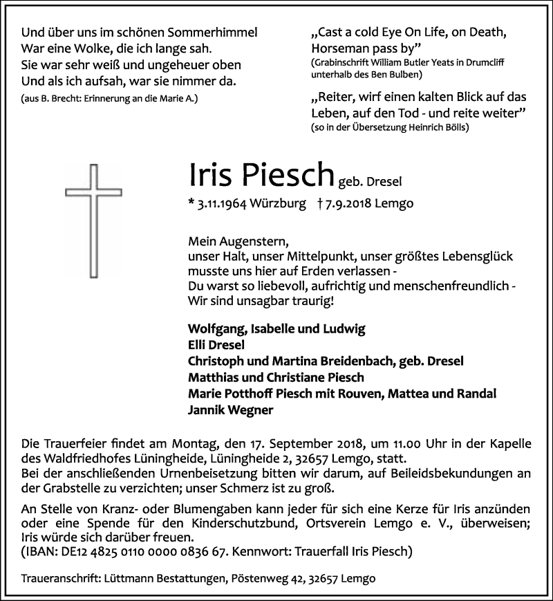  Traueranzeige für Iris Piesch vom 12.09.2018 aus Lippische Landes-Zeitung