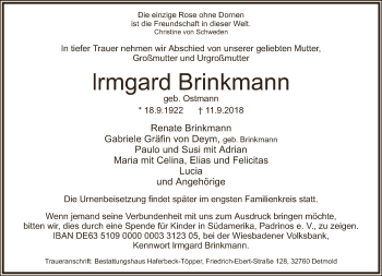 Anzeige  Irmgard Brinkmann  Lippische Landes-Zeitung