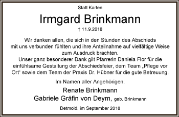 Anzeige  Irmgard Brinkmann  Lippische Landes-Zeitung