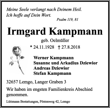 Anzeige  Irmgard Kampmann  Lippische Landes-Zeitung