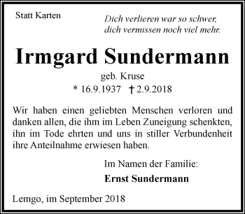 Anzeige  Irmgard Sundermann  Lippische Landes-Zeitung
