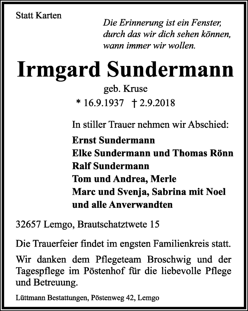  Traueranzeige für Irmgard Sundermann vom 05.09.2018 aus Lippische Landes-Zeitung