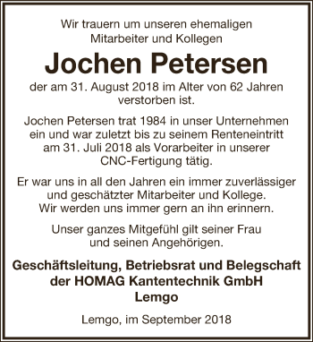 Anzeige  Jochen Petersen  Lippische Landes-Zeitung