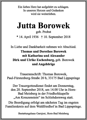 Anzeige  Jutta Borowek  Lippische Landes-Zeitung