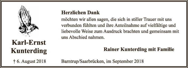  Traueranzeige für Karl-Ernst Kunterding vom 29.09.2018 aus Lippische Landes-Zeitung