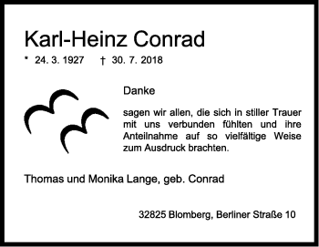 Anzeige  Karl-Heinz Conrad  Lippische Landes-Zeitung