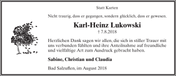 Anzeige  Karl-Heinz Lukowski  Lippische Landes-Zeitung