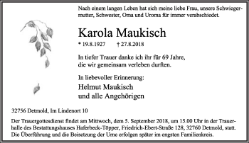 Anzeige  Karola Maukisch  Lippische Landes-Zeitung