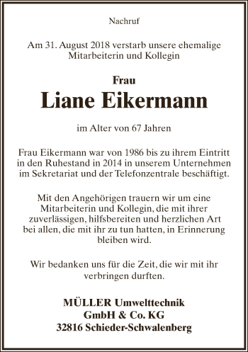 Anzeige  Liane Eikermann  Lippische Landes-Zeitung