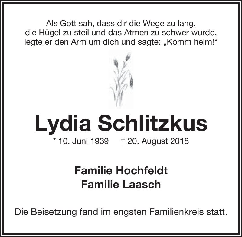  Traueranzeige für Lydia Schlitzkus vom 05.09.2018 aus Lippische Landes-Zeitung