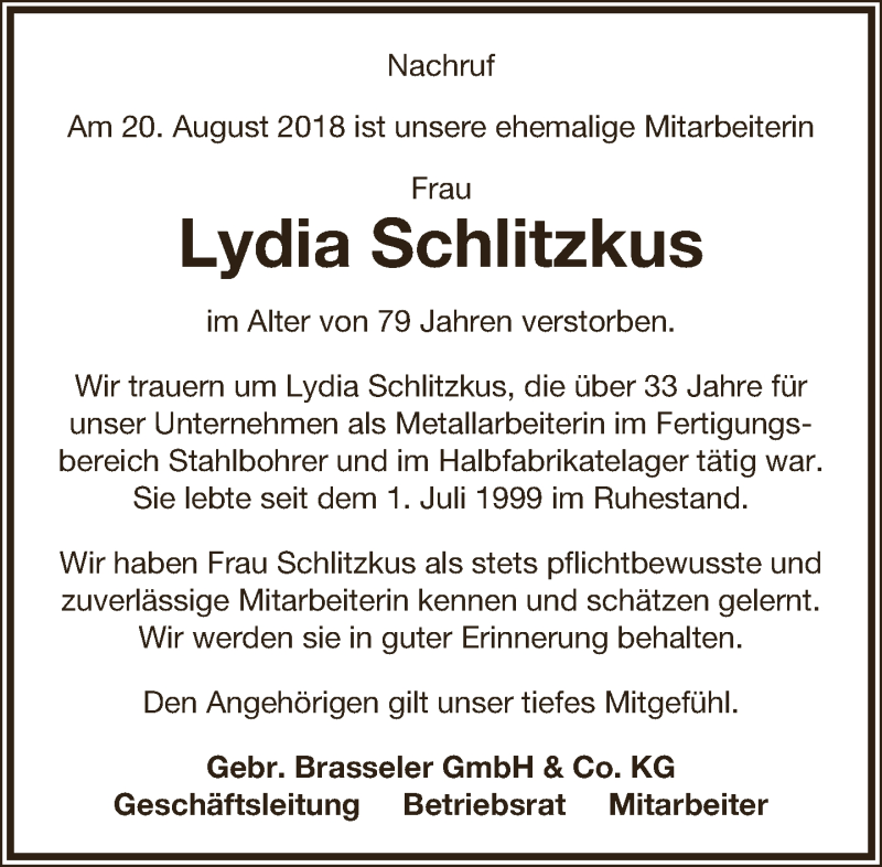  Traueranzeige für Lydia Schlitzkus vom 06.09.2018 aus Lippische Landes-Zeitung