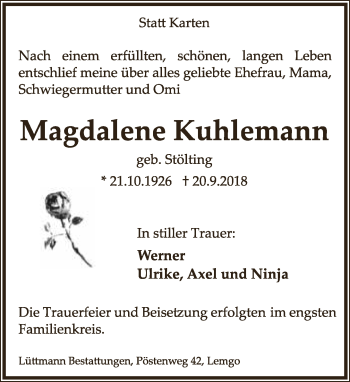 Anzeige  Magdalene Kuhlemann  Lippische Landes-Zeitung