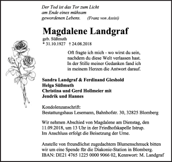 Anzeige  Magdalene Landgraf  Lippische Landes-Zeitung
