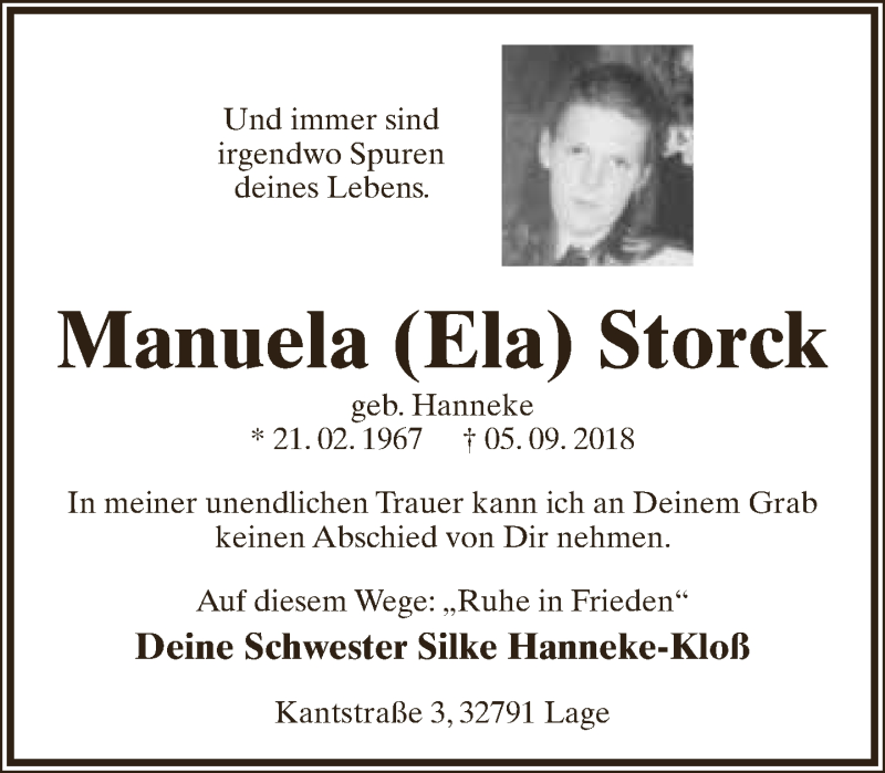  Traueranzeige für Manuela Storck vom 08.09.2018 aus Lippische Landes-Zeitung
