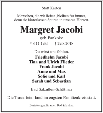 Anzeige  Margret Jacobi  Lippische Landes-Zeitung