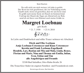 Anzeige  Margret Loebnau  Lippische Landes-Zeitung