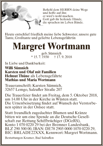 Anzeige  Margret Wortmann  Lippische Landes-Zeitung