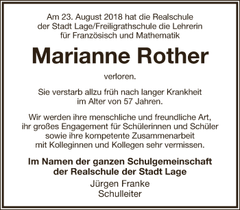 Anzeige  Marianne Rother  Lippische Landes-Zeitung