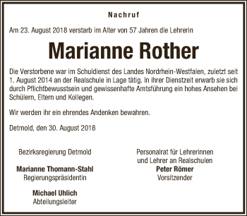 Anzeige  Marianne Rother  Lippische Landes-Zeitung