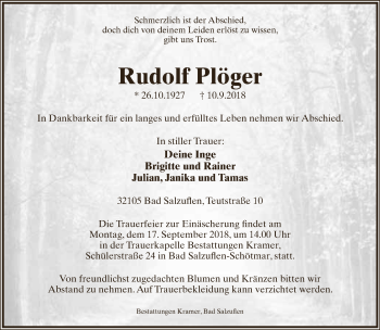 Anzeige  Rudolf Plöger  Lippische Landes-Zeitung