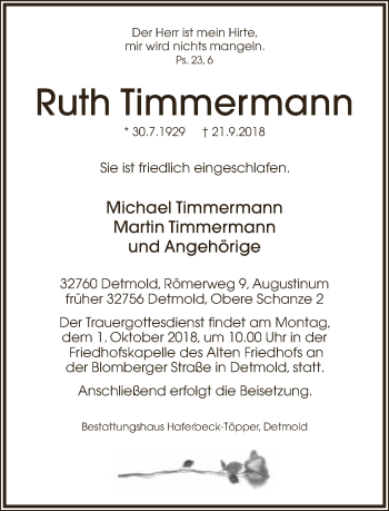 Anzeige  Ruth Timmermann  Lippische Landes-Zeitung
