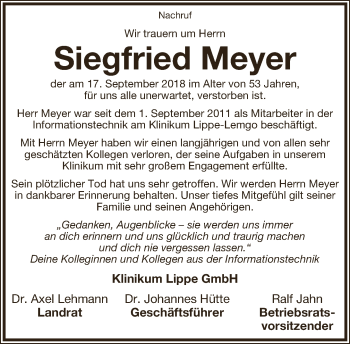 Anzeige  Siegfried Meyer  Lippische Landes-Zeitung