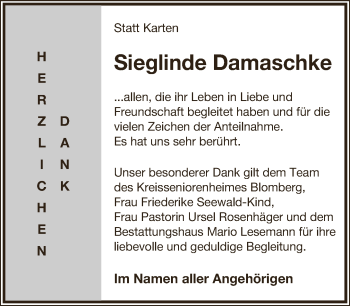 Anzeige  Sieglinde Damaschke  Lippische Landes-Zeitung