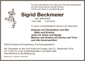 Anzeige  Sigrid Beckmeier  Lippische Landes-Zeitung