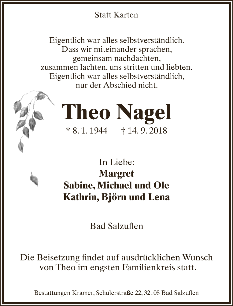  Traueranzeige für Theo Nagel vom 19.09.2018 aus Lippische Landes-Zeitung