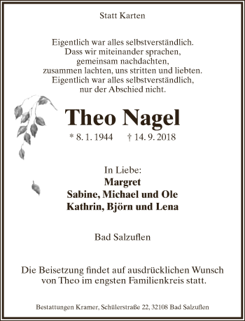 Anzeige  Theo Nagel  Lippische Landes-Zeitung