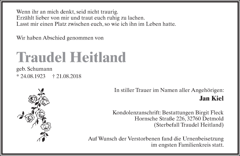  Traueranzeige für Traudel Heitland vom 01.09.2018 aus Lippische Landes-Zeitung