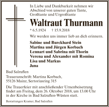 Anzeige  Waltraut Thurmann  Lippische Landes-Zeitung