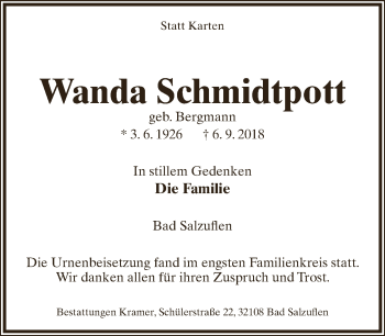 Anzeige  Wanda Schmidtpott  Lippische Landes-Zeitung