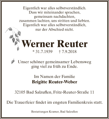 Anzeige  Werner Reuter  Lippische Landes-Zeitung