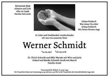 Anzeige  Werner Schmidt  Lippische Landes-Zeitung