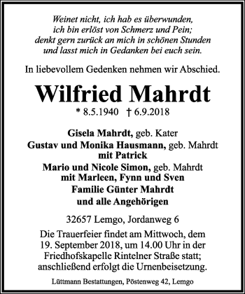 Anzeige  Wilfried Mahrdt  Lippische Landes-Zeitung