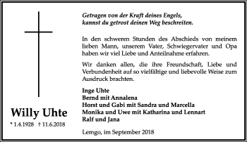 Anzeige  Willy Uhte  Lippische Landes-Zeitung