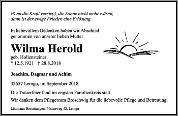 Anzeige  Wilma Herold  Lippische Landes-Zeitung