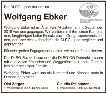 Anzeige  Wolfgang Ebker  Lippische Landes-Zeitung