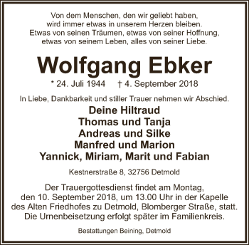 Anzeige  Wolfgang Ebker  Lippische Landes-Zeitung