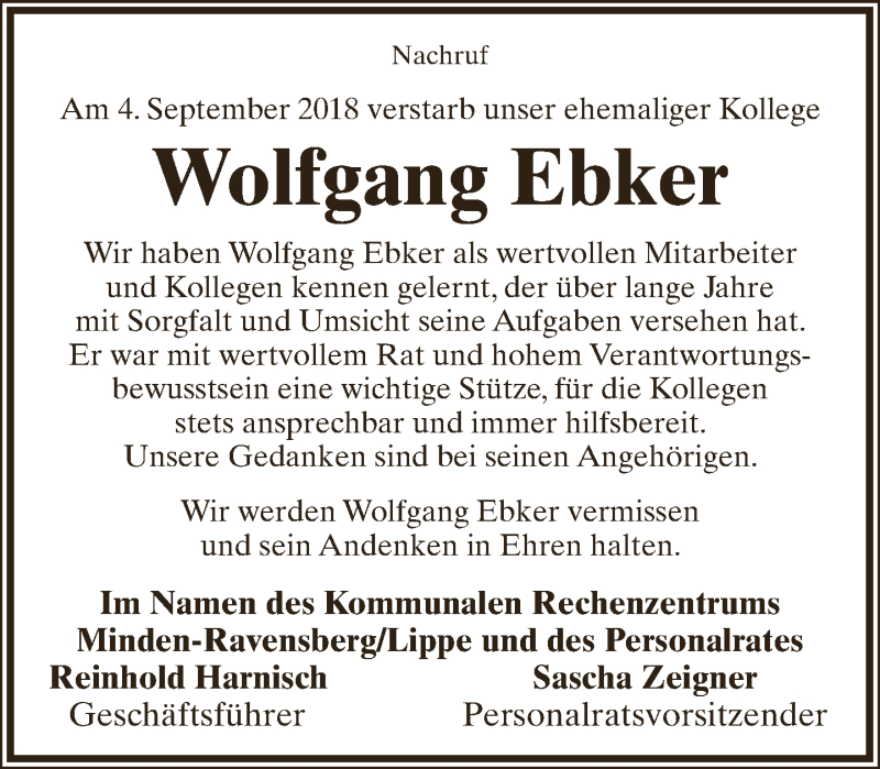  Traueranzeige für Wolfgang Ebker vom 12.09.2018 aus Lippische Landes-Zeitung