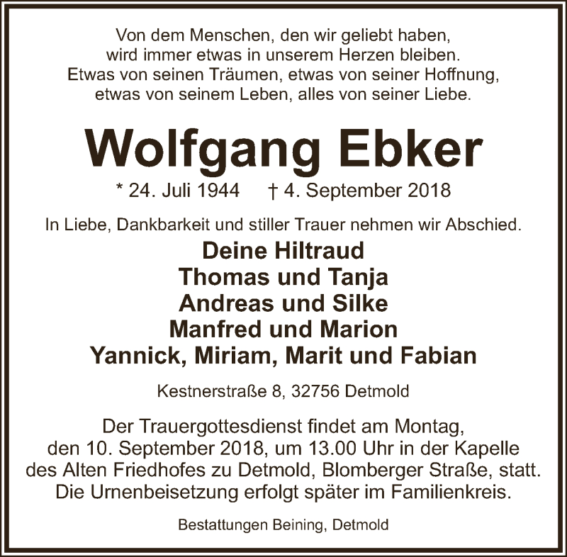 Traueranzeige für Wolfgang Ebker vom 08.09.2018 aus Lippische Landes-Zeitung