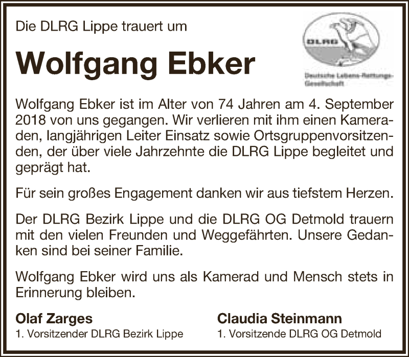  Traueranzeige für Wolfgang Ebker vom 08.09.2018 aus Lippische Landes-Zeitung