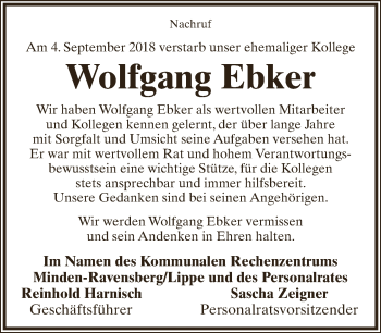 Anzeige  Wolfgang Ebker  Lippische Landes-Zeitung