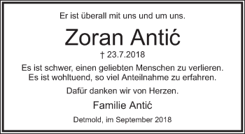 Anzeige  Zoran Antic  Lippische Landes-Zeitung