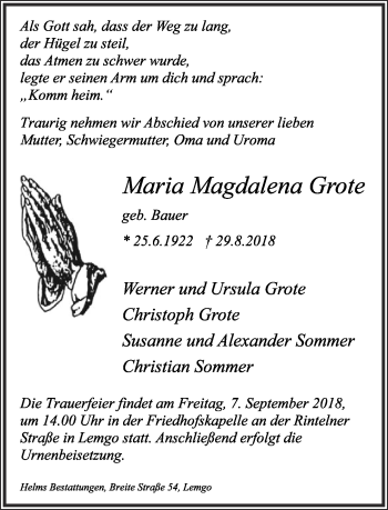 Anzeige  Maria Magdalena Grote  Lippische Landes-Zeitung
