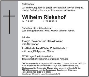 Anzeige  Wilhelm Riekehof  Lippische Landes-Zeitung