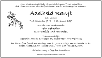 Anzeige  Adelheid Ranft  Lippische Landes-Zeitung