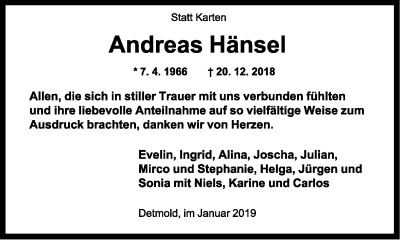  Traueranzeige für Andreas Hänsel vom 26.01.2019 aus Lippische Landes-Zeitung