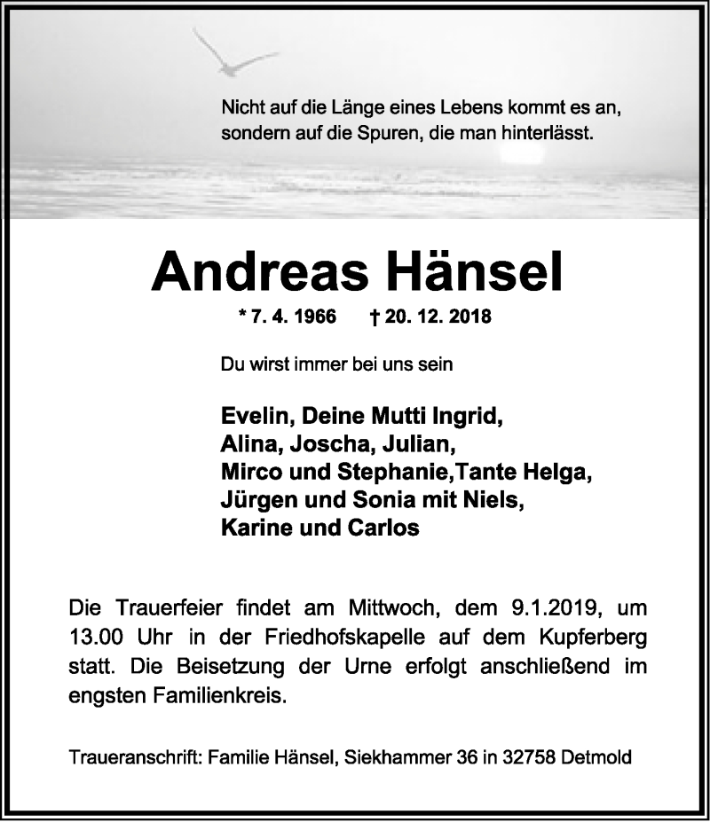  Traueranzeige für Andreas Hänsel vom 05.01.2019 aus Lippische Landes-Zeitung